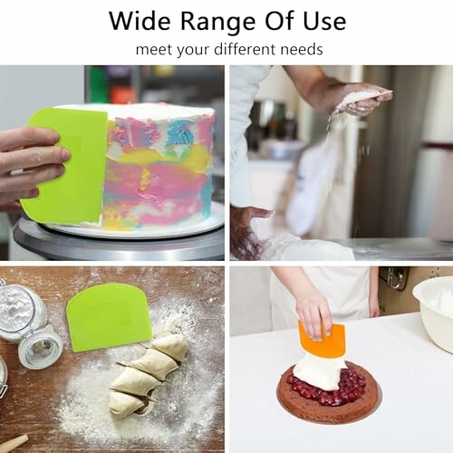 Various uses of a green scraper in baking and decorating.
