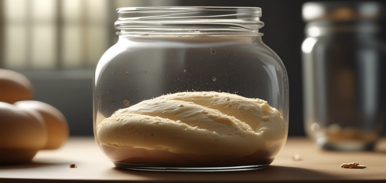 Glass jar fermentation container with dough.