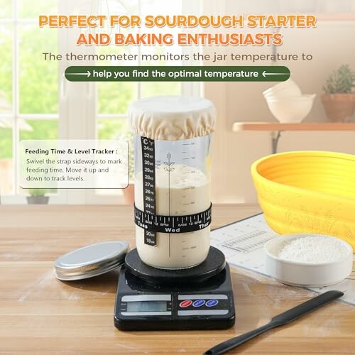Sourdough starter kit with thermometer and scale.